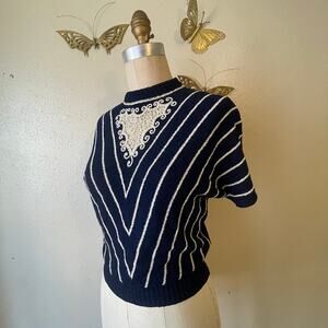 Vintage 1950s Tobi of California Navy Cream Chevron Knit Sweater Bib Top Size S